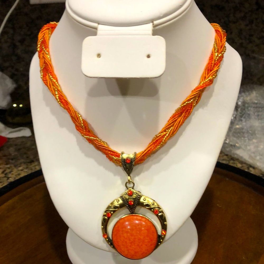 Orange Beaded Necklace with Gold Accents